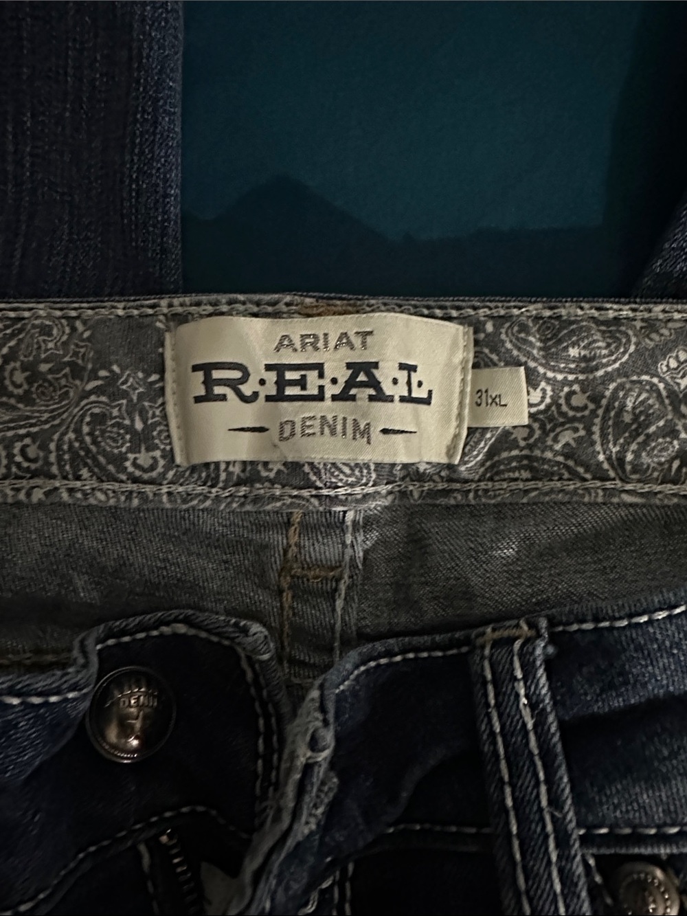 Ariat R.E.A.L. Denim Jeans - Indigo Blue with Paisley Waistband. 31XL